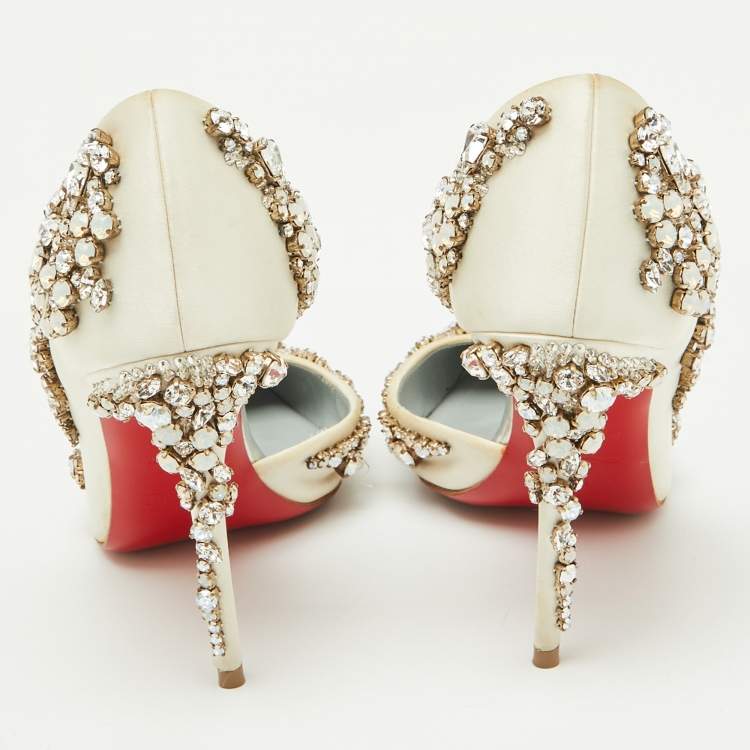 Pre Owned Christian Louboutin White Satin Brodiriza Embellished D'orsay Pumps Size 35.5