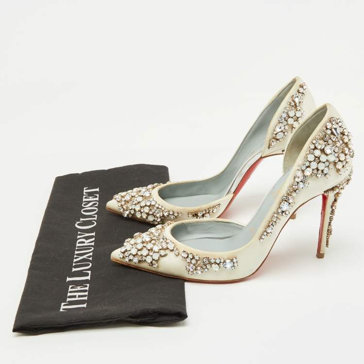 Pre Owned Christian Louboutin White Satin Brodiriza Embellished D'orsay Pumps Size 35.5