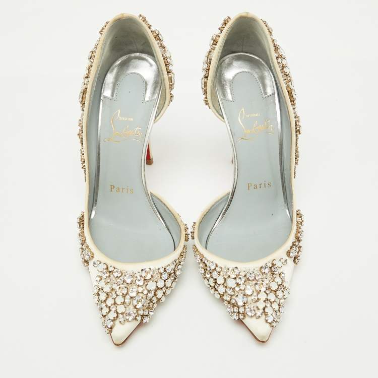 Pre Owned Christian Louboutin White Satin Brodiriza Embellished D'orsay Pumps Size 35.5
