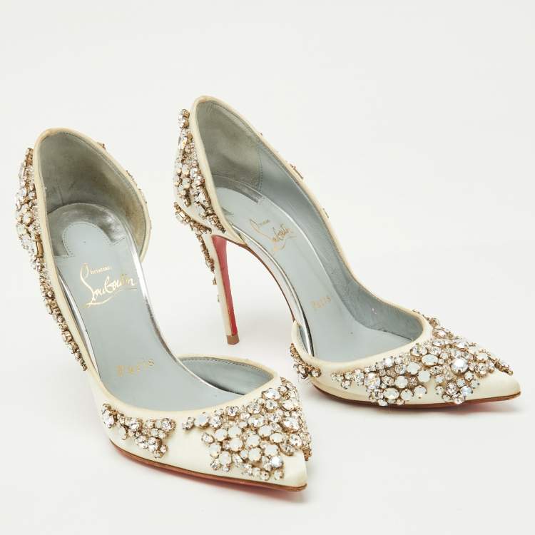 Pre Owned Christian Louboutin White Satin Brodiriza Embellished D'orsay Pumps Size 35.5