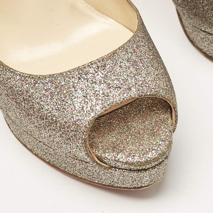 Pre Owned Christian Louboutin Gold Glitter Lady Peep Toe Platform Pumps Size 38.5