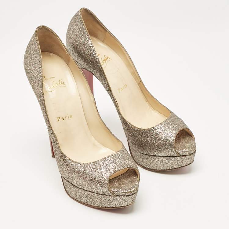 Pre Owned Christian Louboutin Gold Glitter Lady Peep Toe Platform Pumps Size 38.5