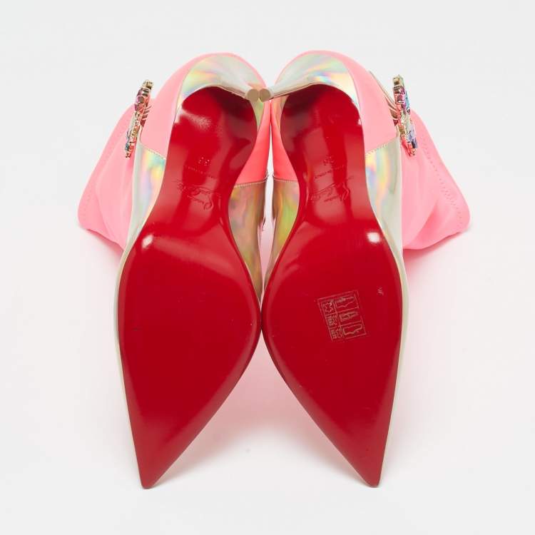 Pre Owned Christian Louboutin Gold/Neon Pink Iridescent Leather and Fabric Jessie Joli Ankle Boots Size 36