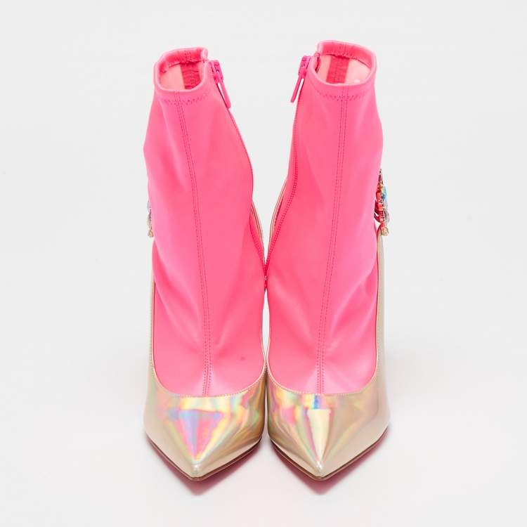 Pre Owned Christian Louboutin Gold/Neon Pink Iridescent Leather and Fabric Jessie Joli Ankle Boots Size 36