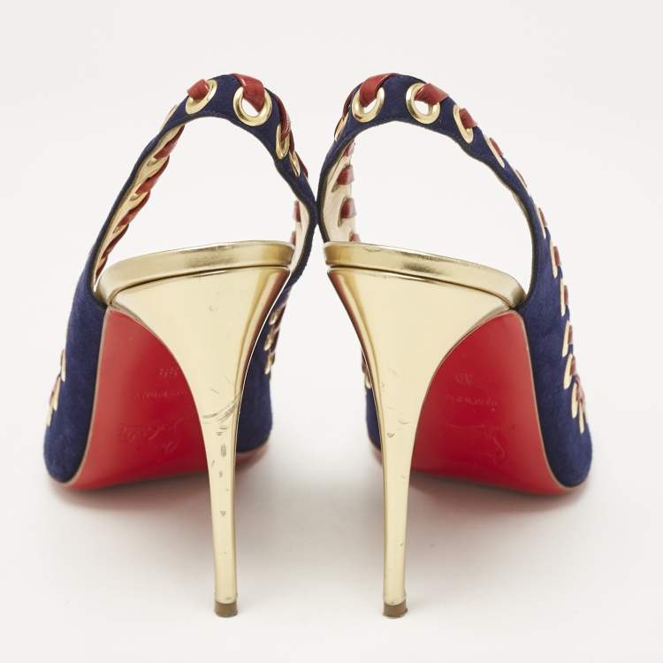 Pre Owned Christian Louboutin Navy Blue Suede Ostri Slingback Pumps Size 39