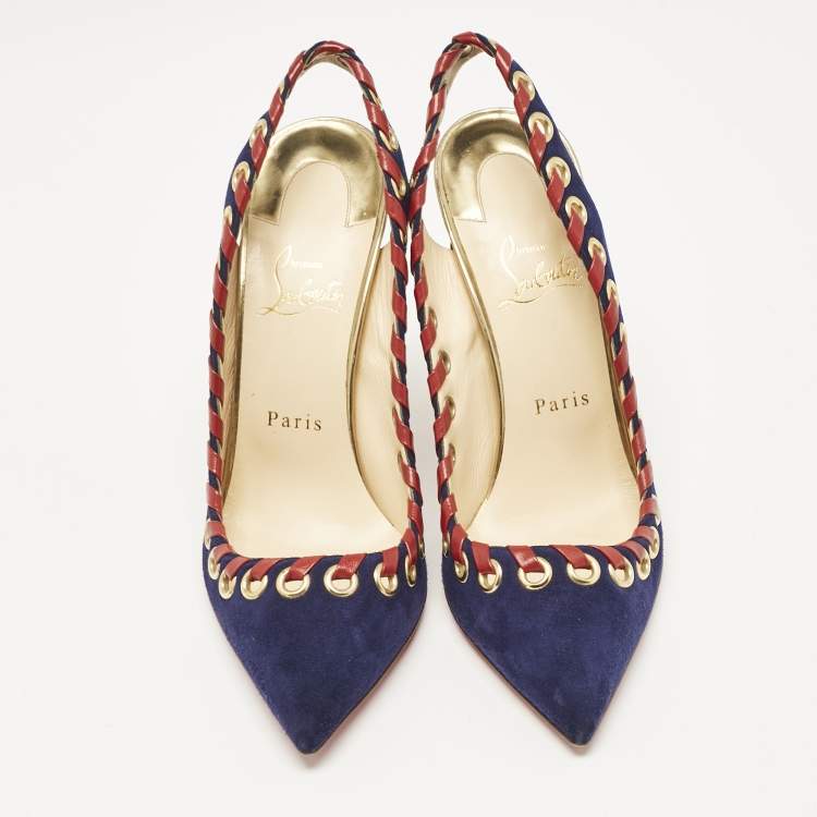 Pre Owned Christian Louboutin Navy Blue Suede Ostri Slingback Pumps Size 39