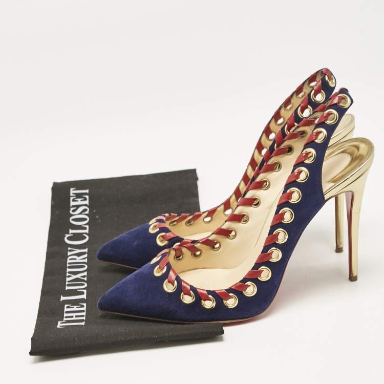 Pre Owned Christian Louboutin Navy Blue Suede Ostri Slingback Pumps Size 39
