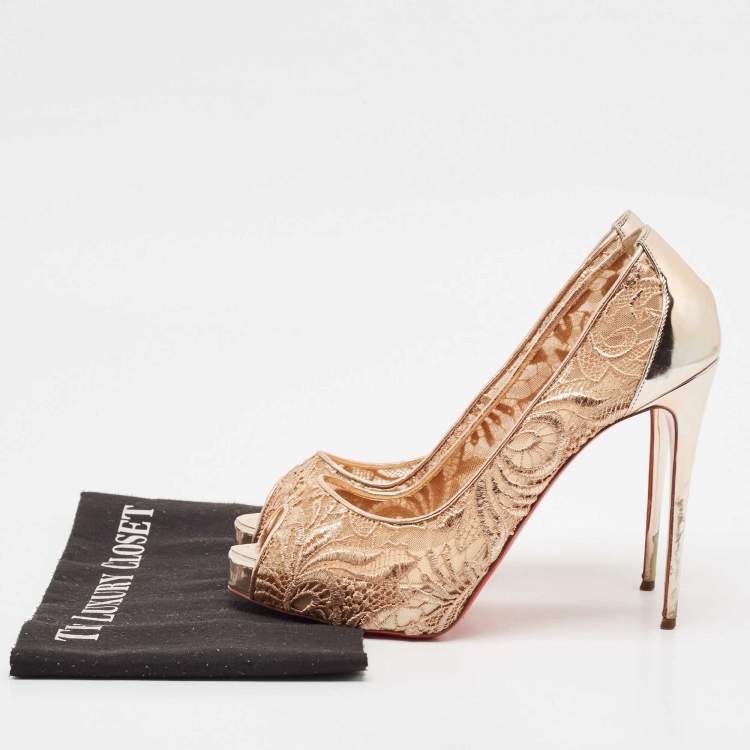 Pre Owned Christian Louboutin Beige Floral Lace and Leather Lady Peep Toe Platform Pumps Size 40
