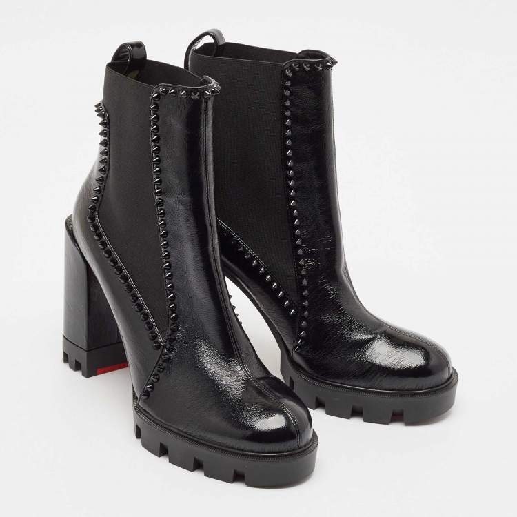 Pre Owned Christian Louboutin Black Leather Out Lina Spike Heeled Boots Size 39.5