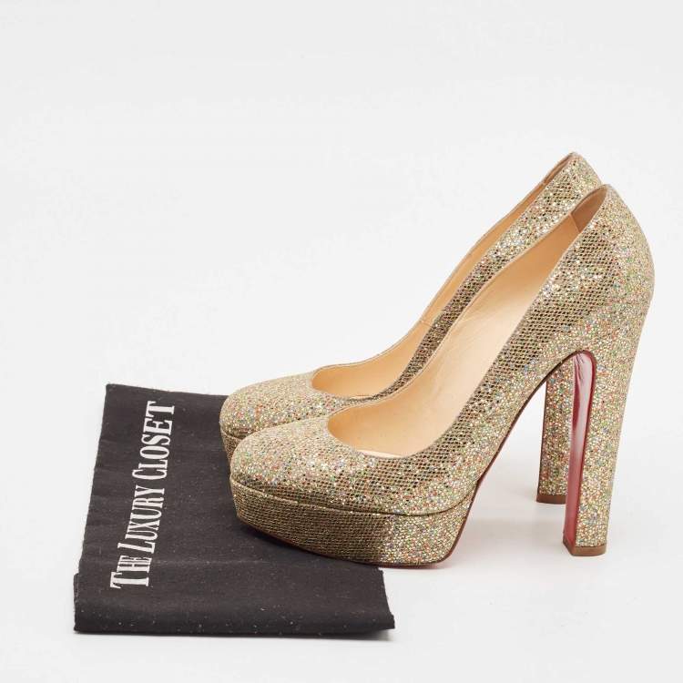 Pre Owned Christian Louboutin Multicolor Coarse Glitter Bibi Platform Pumps Size 38