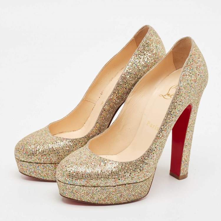 Pre Owned Christian Louboutin Multicolor Coarse Glitter Bibi Platform Pumps Size 38