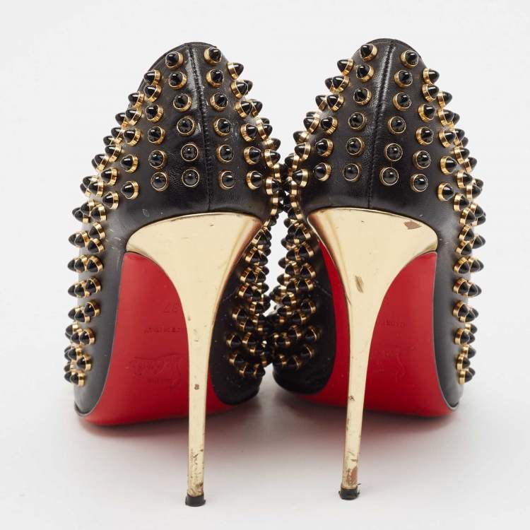 Pre Owned Christian Louboutin Black Leather Studded Follies Cabo Pumps Size 37