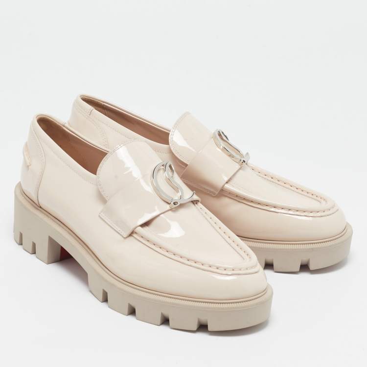 Pre Owned Christian Louboutin Beige Patent Leather CL Moc Lug Loafers Size 36