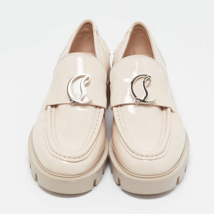 Pre Owned Christian Louboutin Beige Patent Leather CL Moc Lug Loafers Size 36