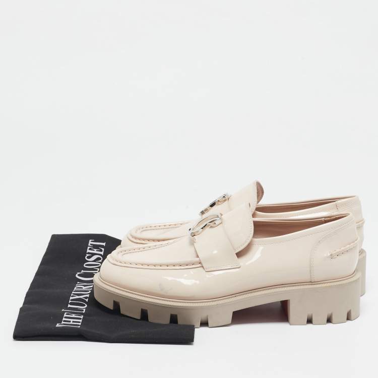 Pre Owned Christian Louboutin Beige Patent Leather CL Moc Lug Loafers Size 36