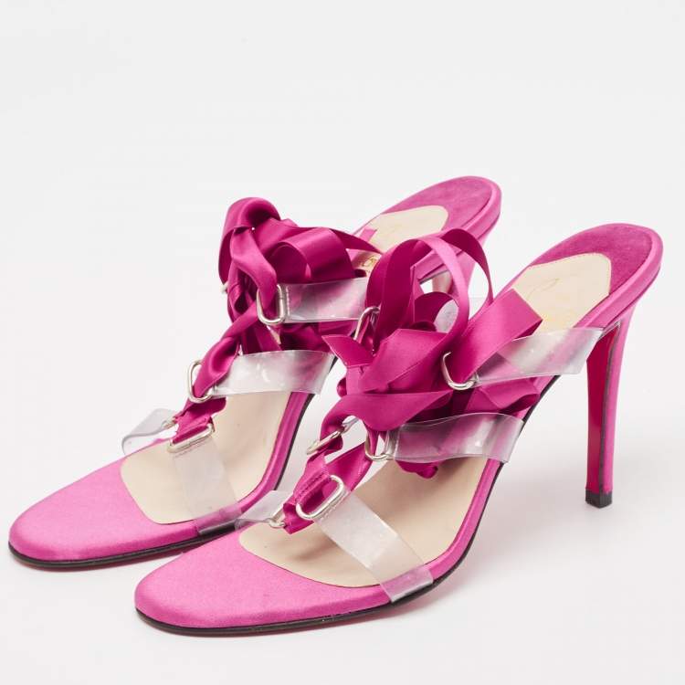 Pre Owned Christian Louboutin Pink/Transparent Satin and PVC Ankle Wrap Sandals Size 38.5
