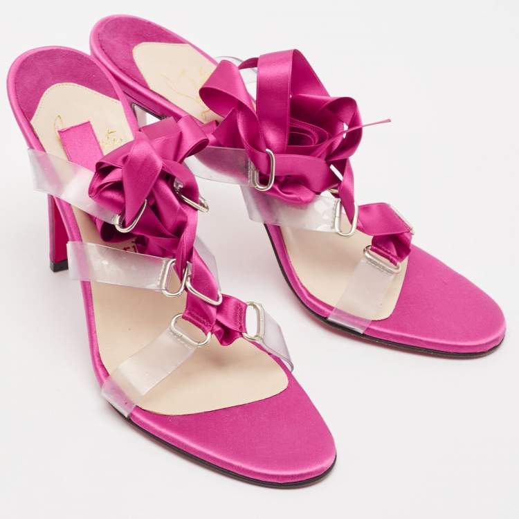 Pre Owned Christian Louboutin Pink/Transparent Satin and PVC Ankle Wrap Sandals Size 38.5