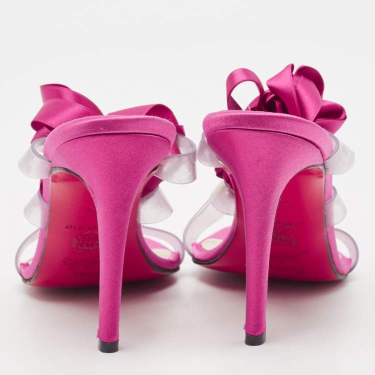 Pre Owned Christian Louboutin Pink/Transparent Satin and PVC Ankle Wrap Sandals Size 38.5