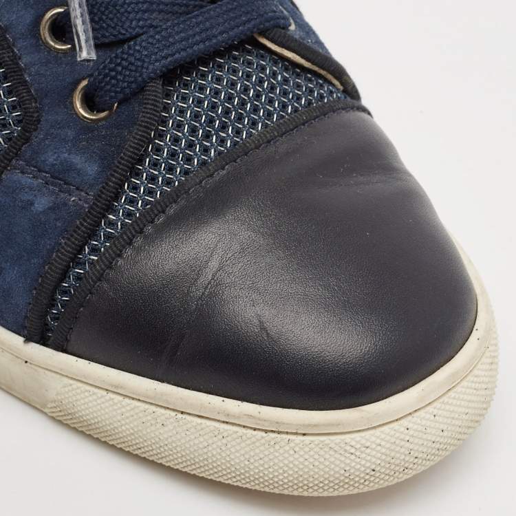 Pre Owned Christian Louboutin Navy Blue Suede and Fabric  Louis Junior Spikes Low Top Sneakers Size 39.5
