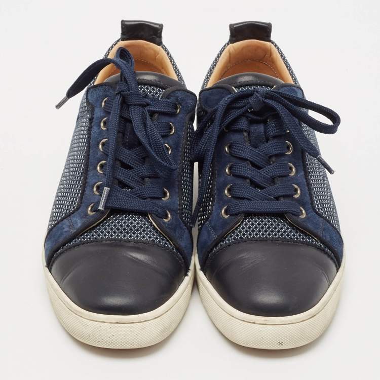 Pre Owned Christian Louboutin Navy Blue Suede and Fabric  Louis Junior Spikes Low Top Sneakers Size 39.5