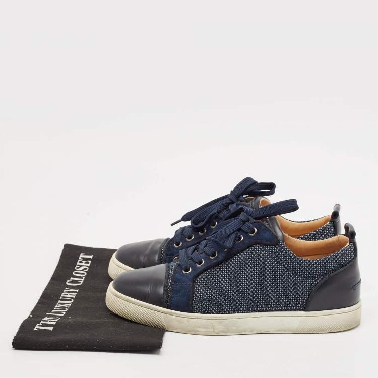 Pre Owned Christian Louboutin Navy Blue Suede and Fabric  Louis Junior Spikes Low Top Sneakers Size 39.5