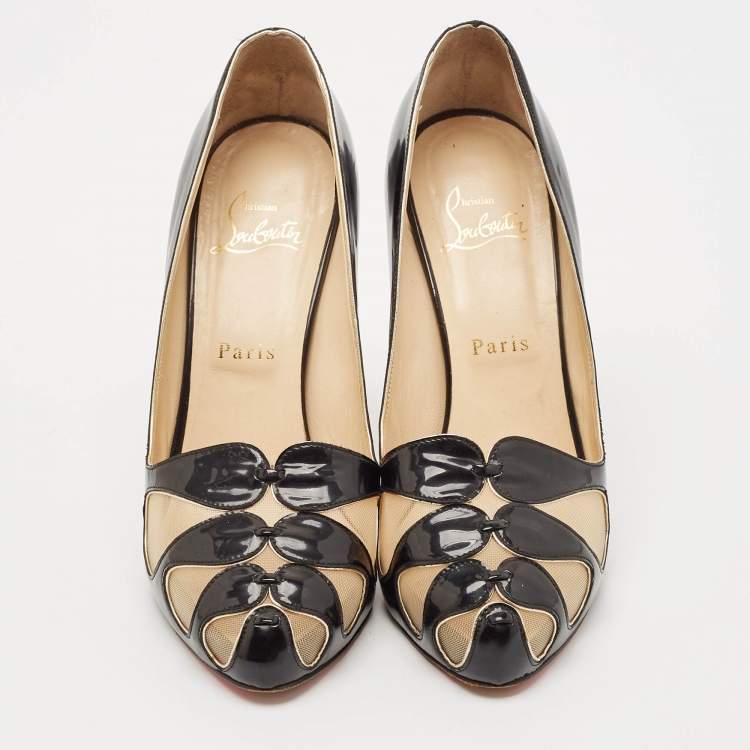 Pre Owned Christian Louboutin Black Mesh and Patent Leather Moira Pumps Size 38