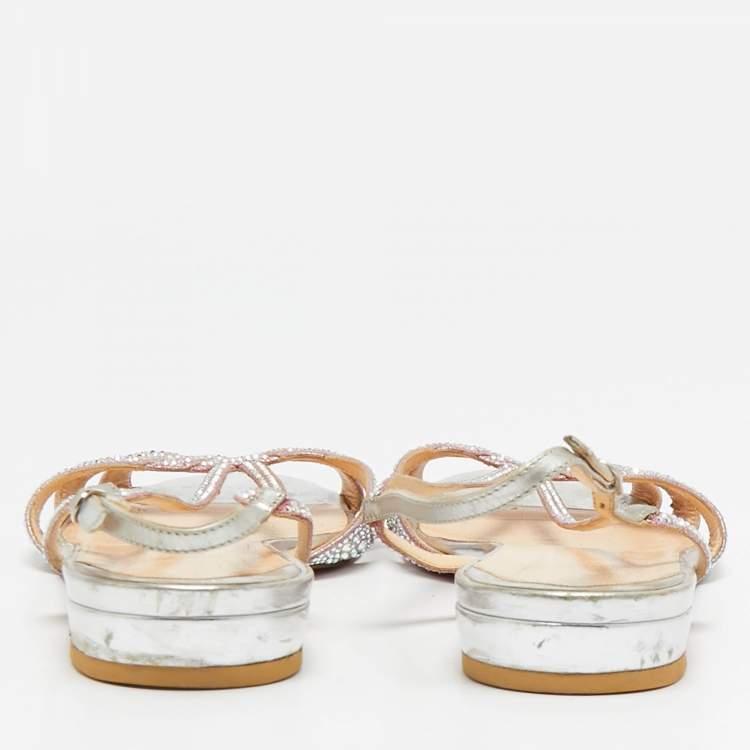Pre Owned Christian Louboutin Pink/Silver Suede Crystal Embellished Slingback Flat Sandals Size 38
