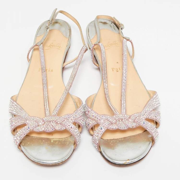 Pre Owned Christian Louboutin Pink/Silver Suede Crystal Embellished Slingback Flat Sandals Size 38