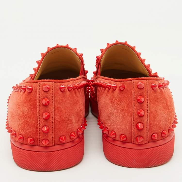 Pre Owned Christian Louboutin Red Suede Pik Boat Slip On Sneakers Size 39.5