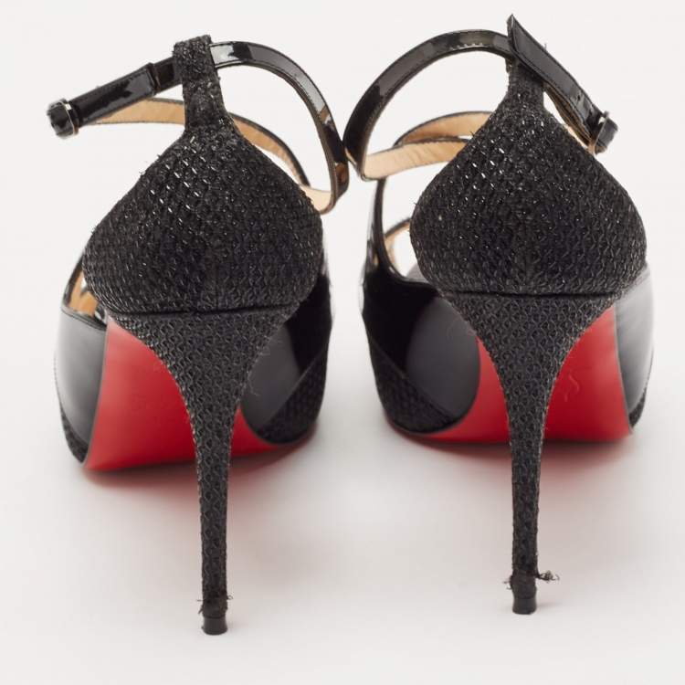 Pre Owned Christian Louboutin Black Patent Leather And Glitter Fabric Mira Bella Cross Strap Sandals Size 37.5