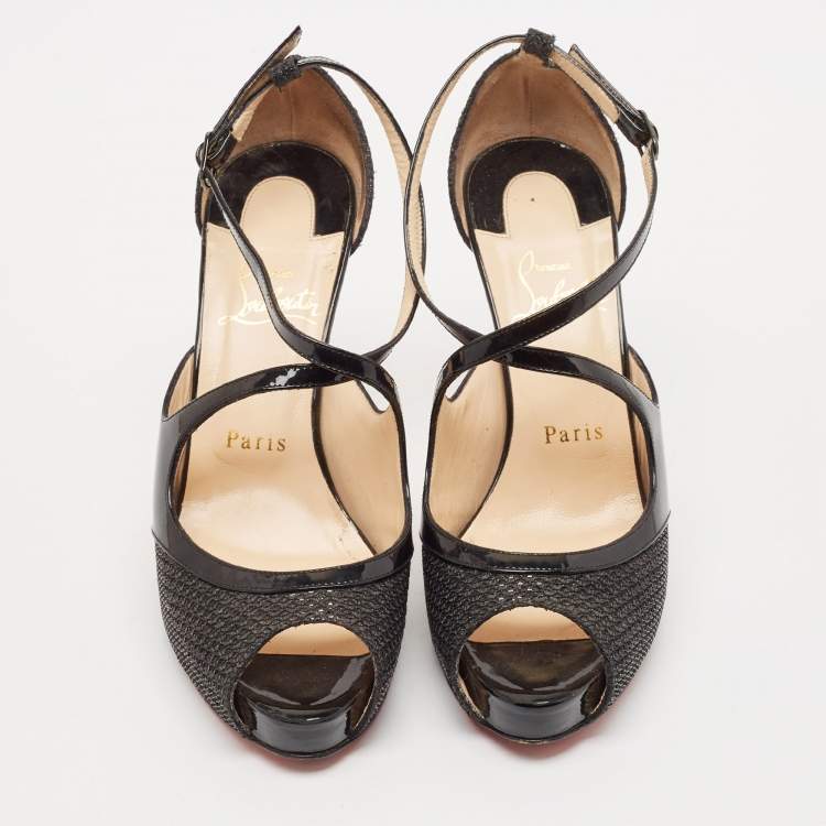 Pre Owned Christian Louboutin Black Patent Leather And Glitter Fabric Mira Bella Cross Strap Sandals Size 37.5