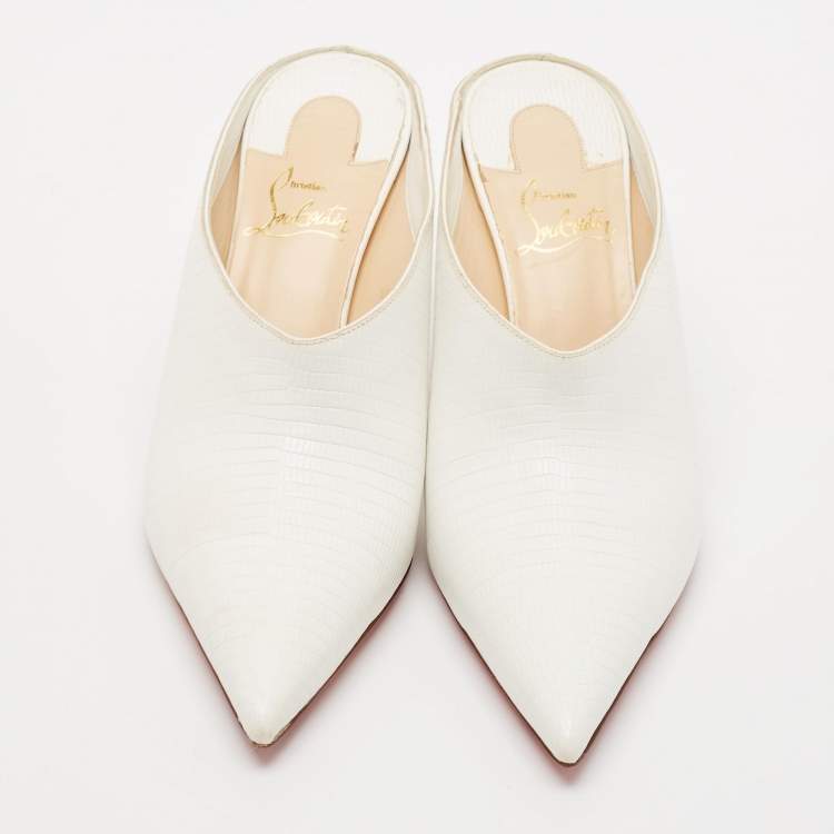Pre Owned Christian Louboutin White Lizard Embossed Leather Quart Mules Size 37.5