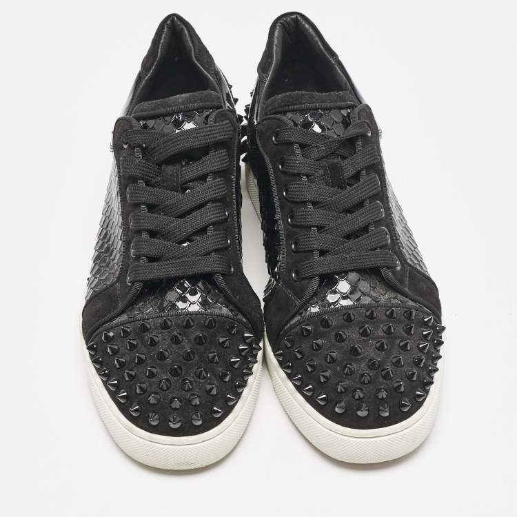 Pre Owned Christian Louboutin Black Embossed Patent Leather and Suede Vieira 2 Sneakers Size 39.5