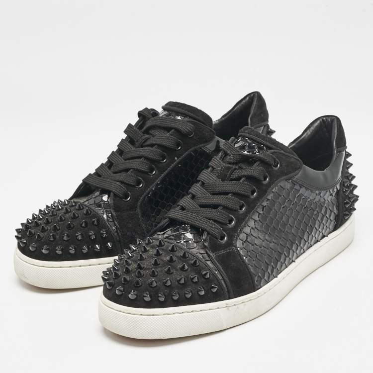 Pre Owned Christian Louboutin Black Embossed Patent Leather and Suede Vieira 2 Sneakers Size 39.5