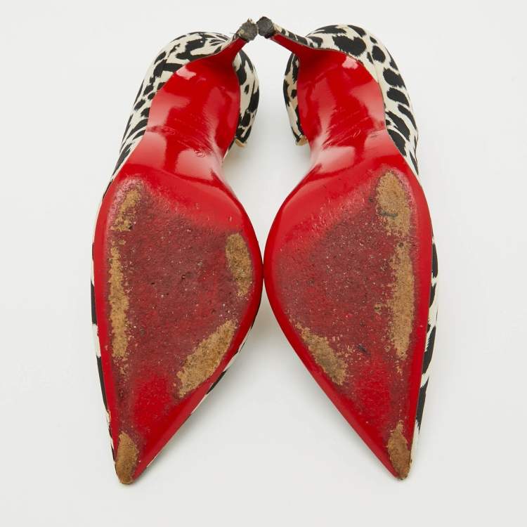 Pre Owned Christian Louboutin Black/Beige Animal Print Satin Iriza D'orsay Pumps Size 34