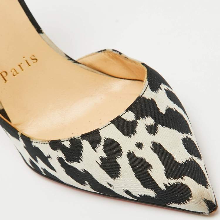 Pre Owned Christian Louboutin Black/Beige Animal Print Satin Iriza D'orsay Pumps Size 34