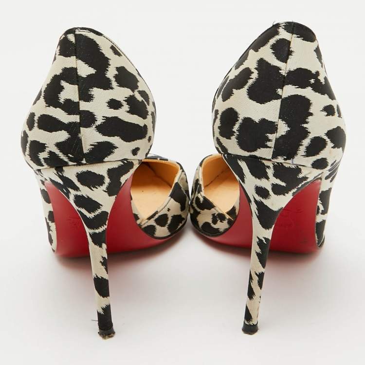 Pre Owned Christian Louboutin Black/Beige Animal Print Satin Iriza D'orsay Pumps Size 34