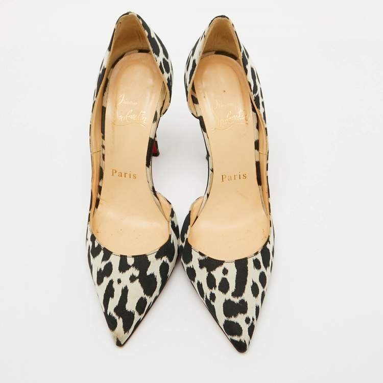 Pre Owned Christian Louboutin Black/Beige Animal Print Satin Iriza D'orsay Pumps Size 34