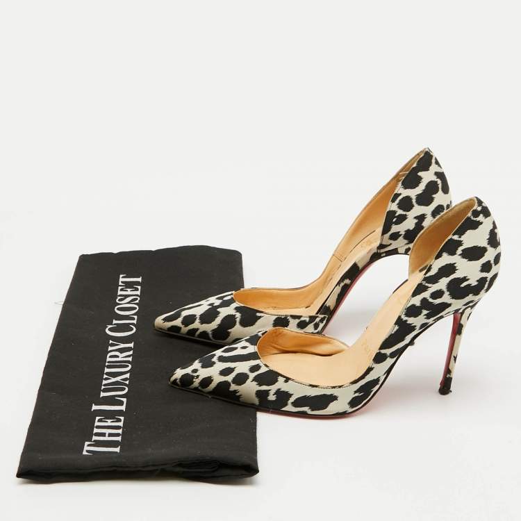 Pre Owned Christian Louboutin Black/Beige Animal Print Satin Iriza D'orsay Pumps Size 34