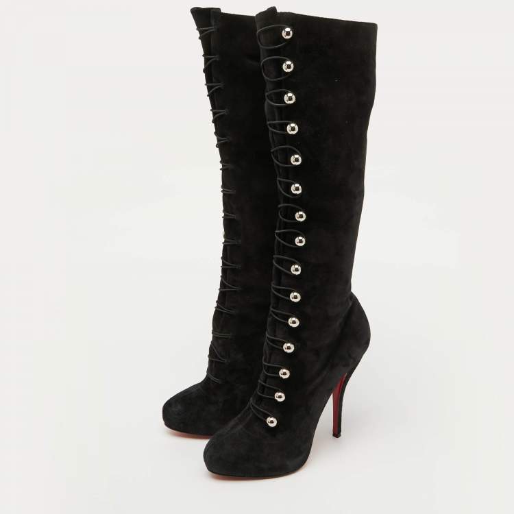 Pre Owned Christian Louboutin Black Suede Leather Fabiola Knee Length Boots Size 39