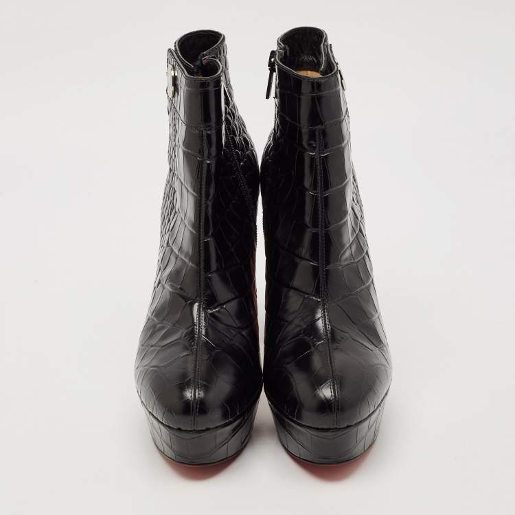 Pre Owned Christian Louboutin Black Croc Embossed Leather Ankle Length Boots Size 39