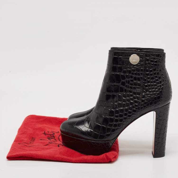 Pre Owned Christian Louboutin Black Croc Embossed Leather Ankle Length Boots Size 39