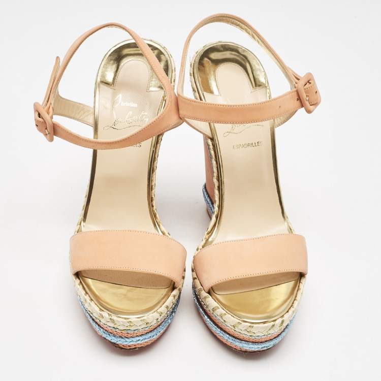 Pre Owned Christian Louboutin Peach Pink Suede New Duplice Wedge Sandals Size 38
