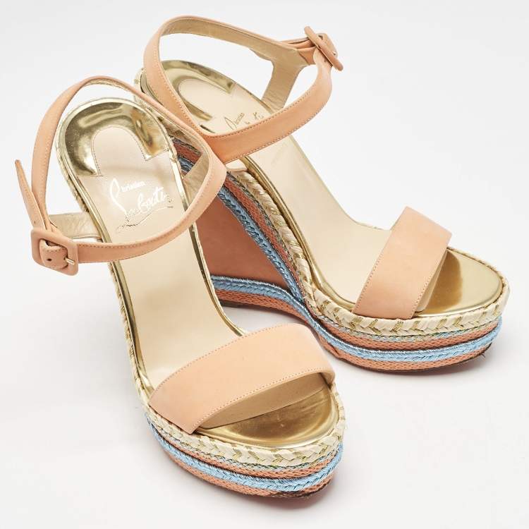 Pre Owned Christian Louboutin Peach Pink Suede New Duplice Wedge Sandals Size 38