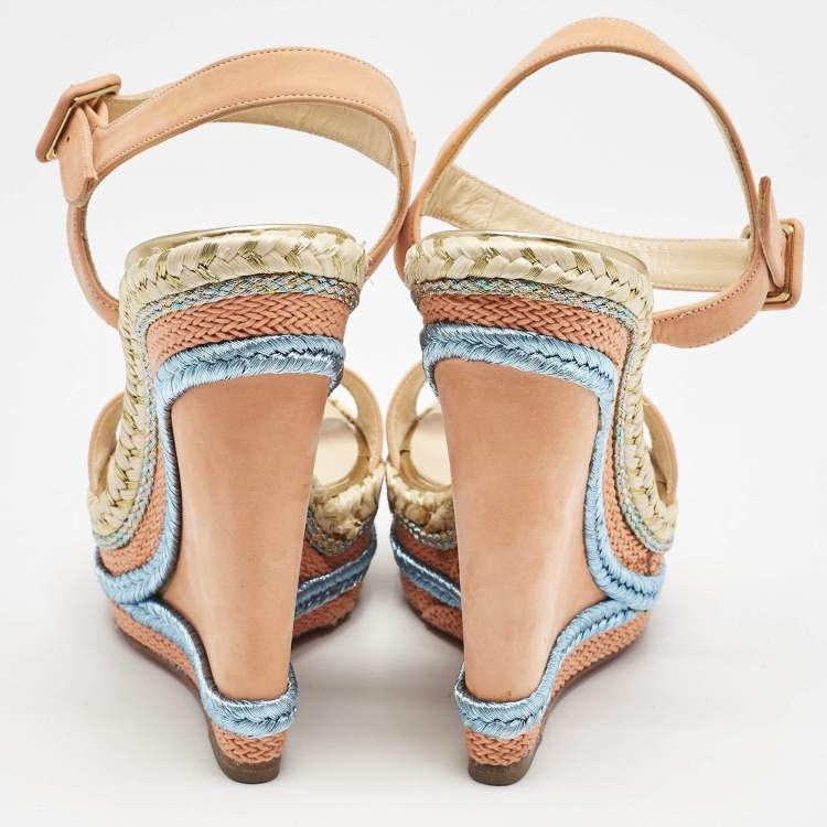 Pre Owned Christian Louboutin Peach Pink Suede New Duplice Wedge Sandals Size 38
