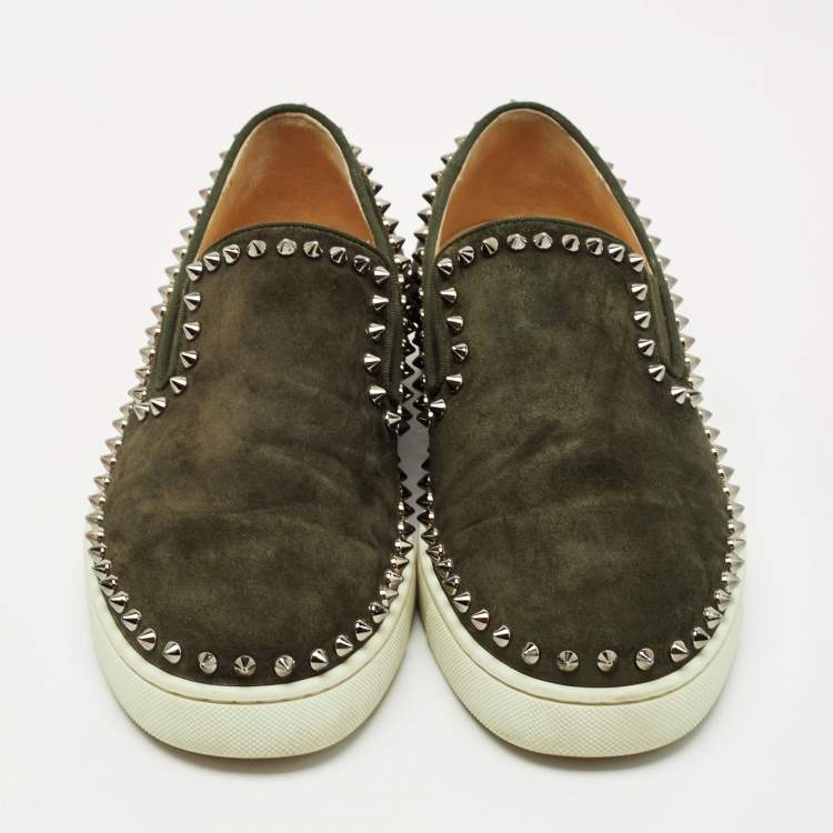Pre Owned Christian Louboutin Dark Green Suede Spike Pik Boat Slip On Sneakers Size 40.5
