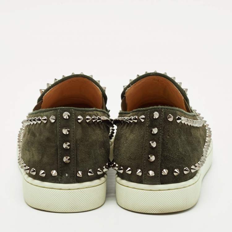 Pre Owned Christian Louboutin Dark Green Suede Spike Pik Boat Slip On Sneakers Size 40.5