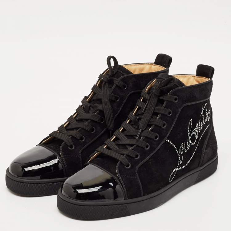 Pre Owned Christian Louboutin Black Suede and Patent High Top Sneakers Size 40.5