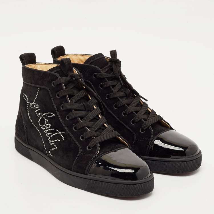 Pre Owned Christian Louboutin Black Suede and Patent High Top Sneakers Size 40.5