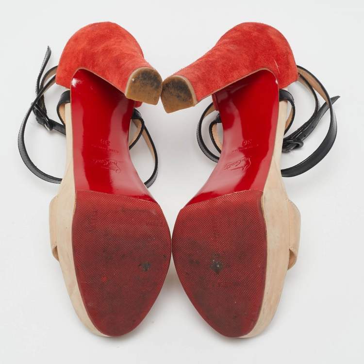 Pre Owned Christian Louboutin Tricolor Suede and Leather Platform Ankle Strap Sandals Size 36